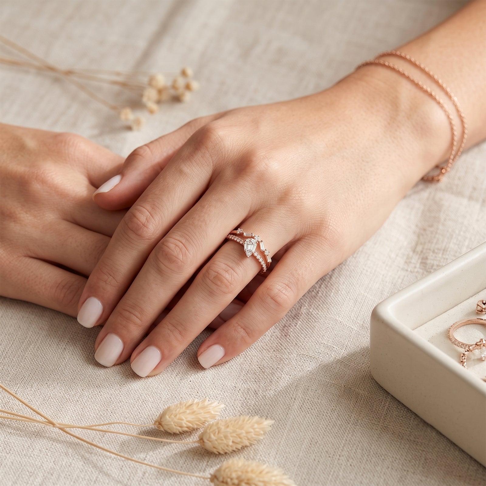 18k Gold Pear & Baguette Diamond Ring Stack |  Statement Ring