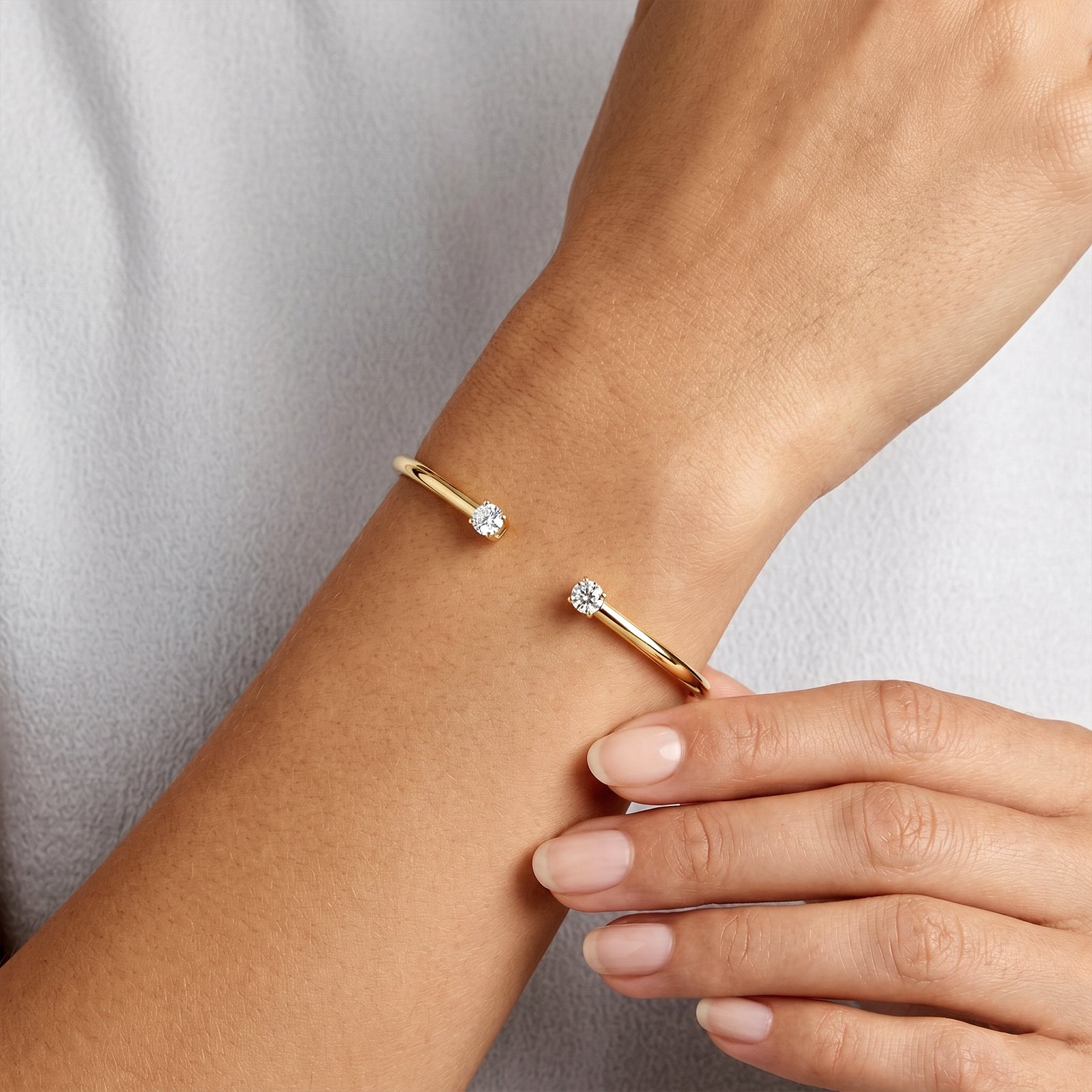 18K Gold Two-Stone Diamond Open Cuff Bangle | Minimalist Luxury