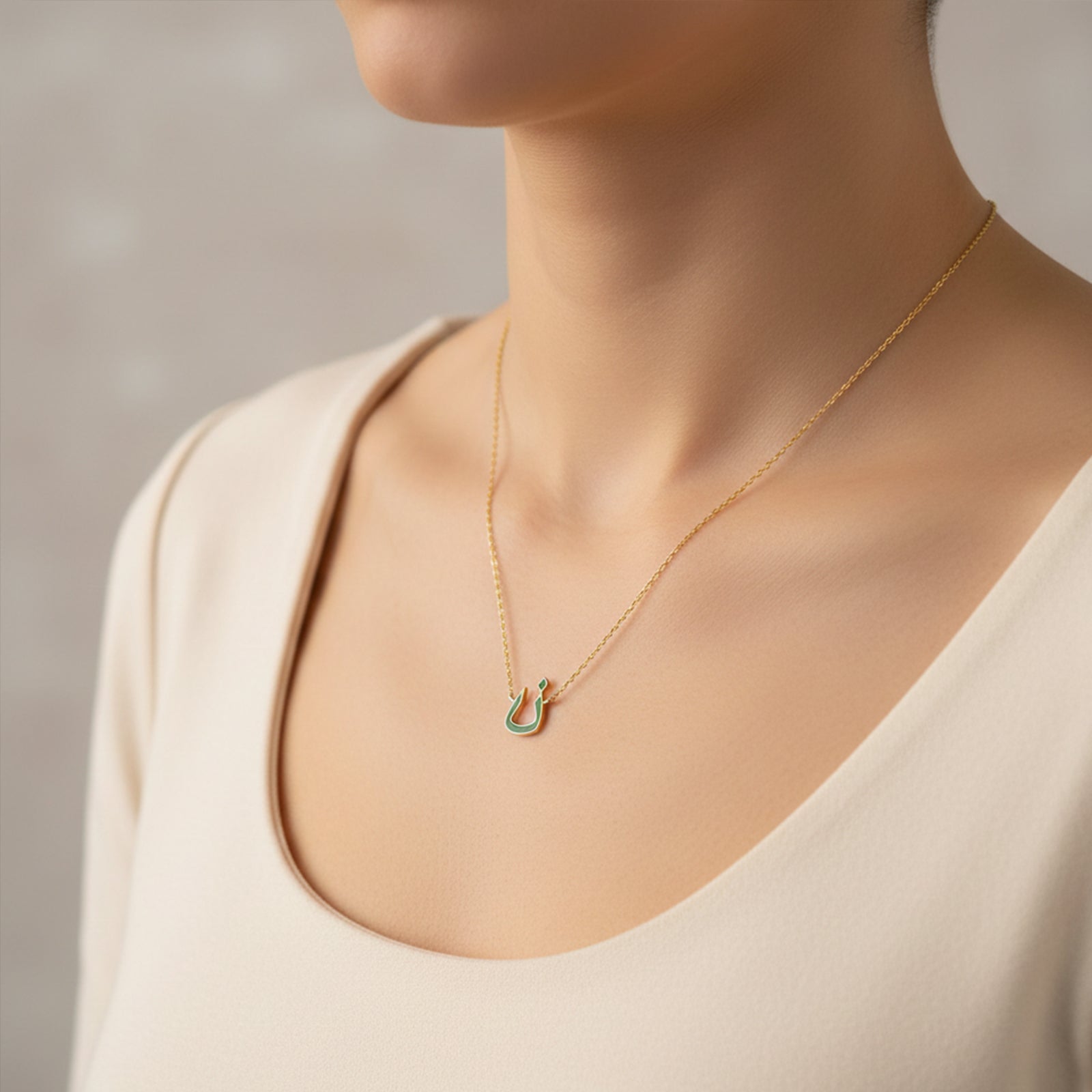 Personalized 18k Gold Arabic Letter Necklace | Custom Green Enamel Initial Pendant