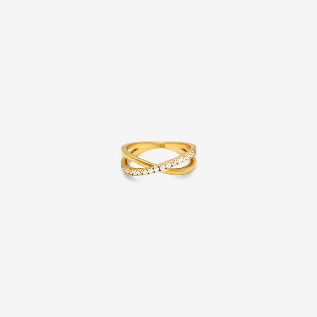 18k Gold Criss-Cross Diamond Ring | Minimalist X-Band Pave Ring for Women