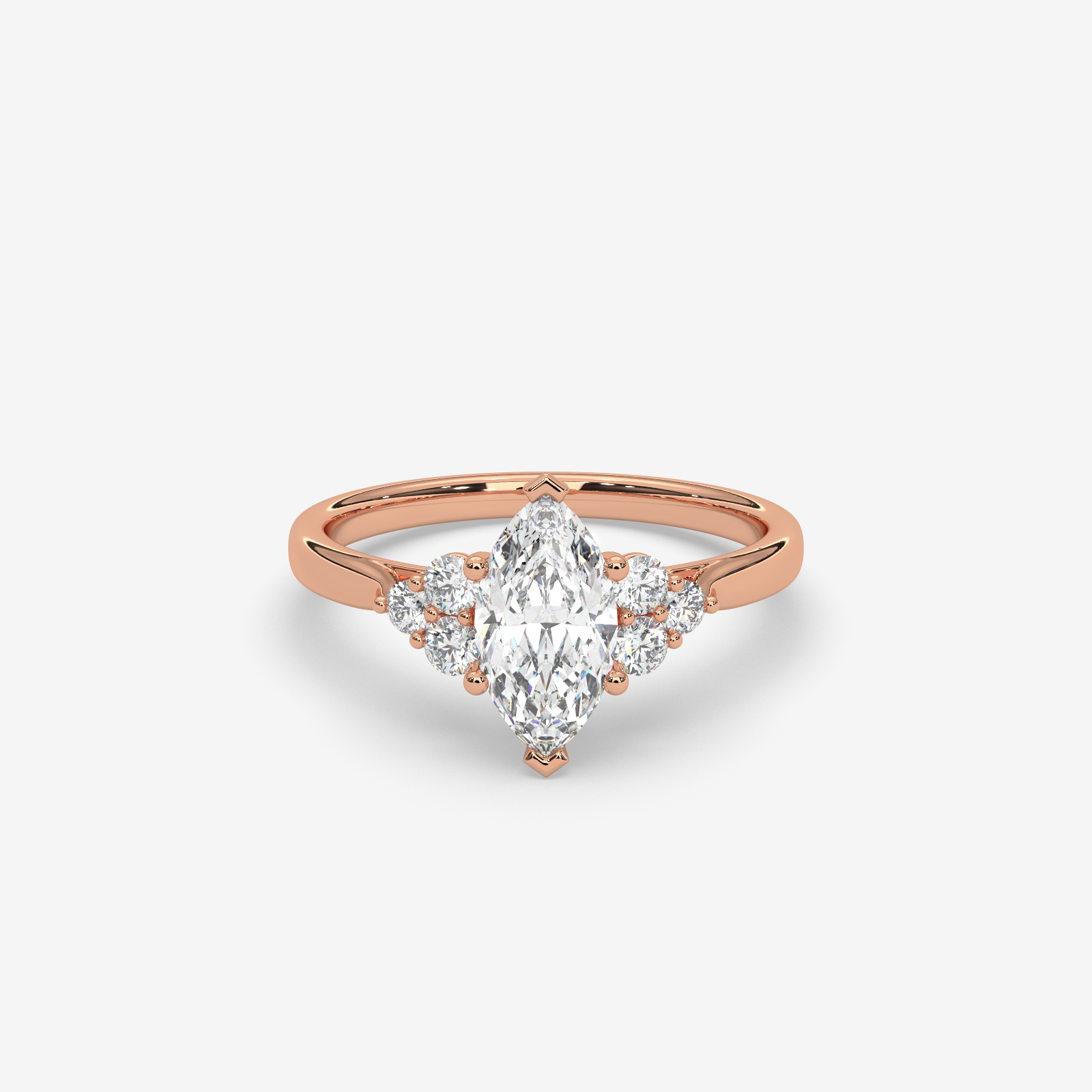 Solid Gold Marquise Diamond Engagement Ring | Cluster Side Stone Cluster Ring