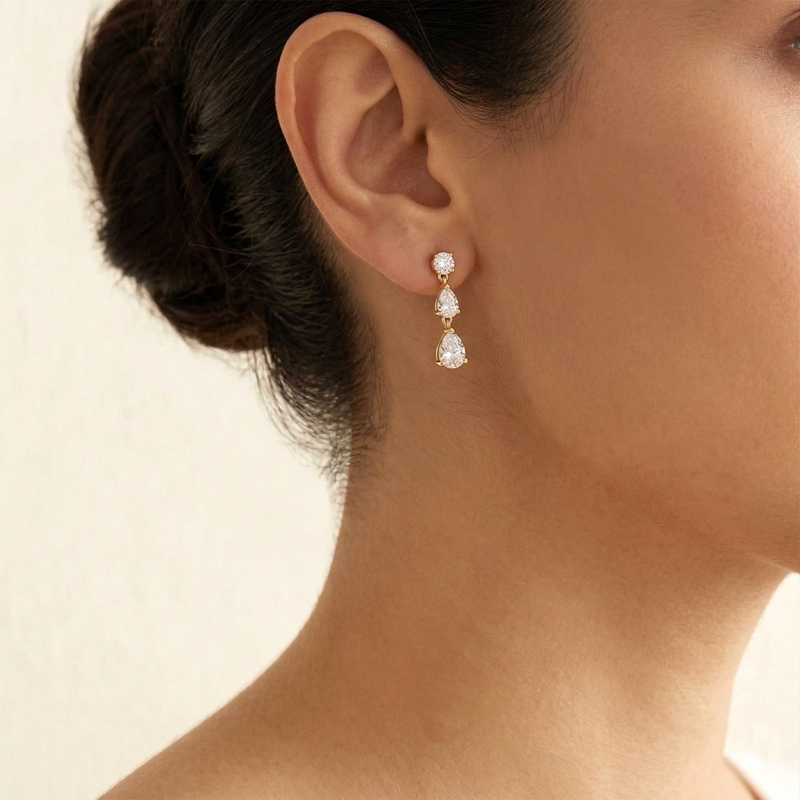 18k Gold 3-Stone Diamond Drop Earrings | Round & Pear Shape dangles