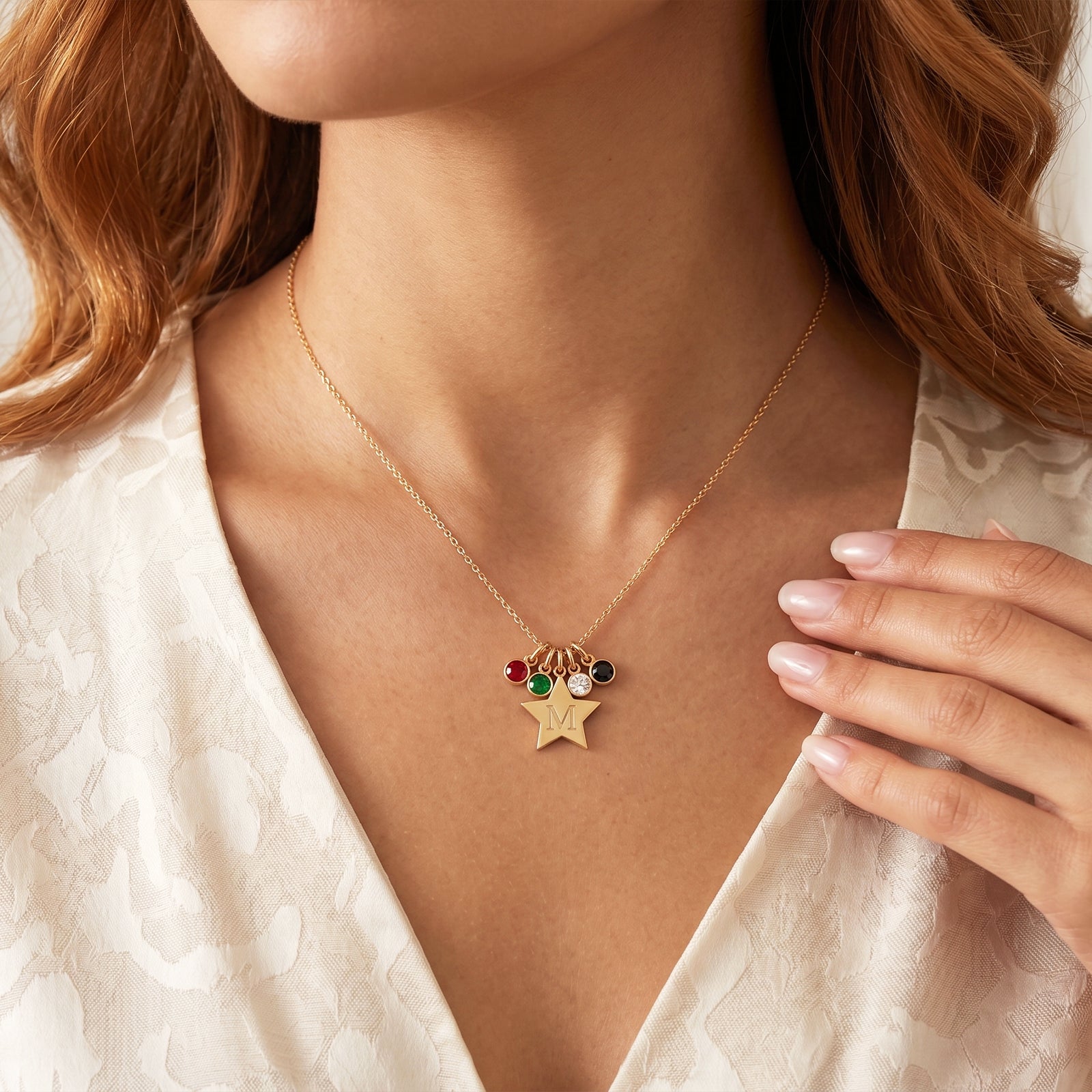 18K Gold UAE Spirit Star & Gemstone Personalized Initial Necklace | Custom Emarati Heritage Jewellery
