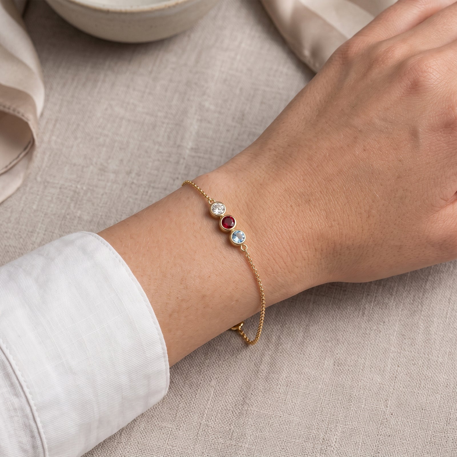 18k Gold Three-Stone Bezel Bracelet | Diamond, Ruby & Aquamarine