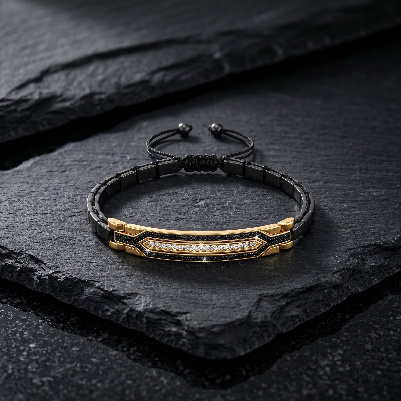 18K Gold & Black Spinel Men's Bracelet | Luxury Diamond Accent Adjustable Cord Bracelet