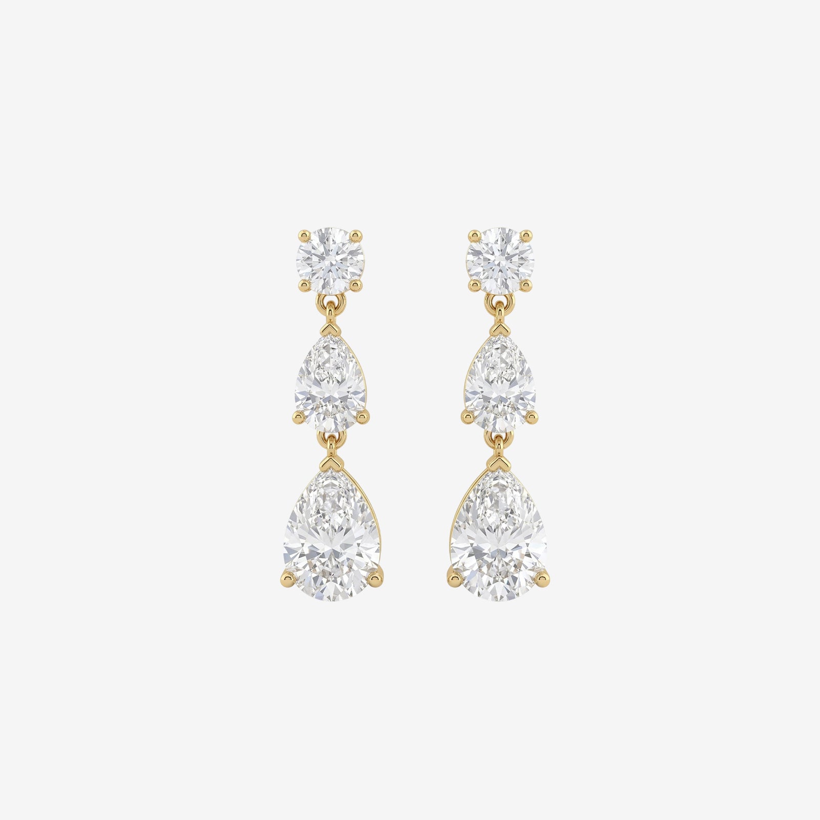 18k Gold 3-Stone Diamond Drop Earrings | Round & Pear Shape dangles