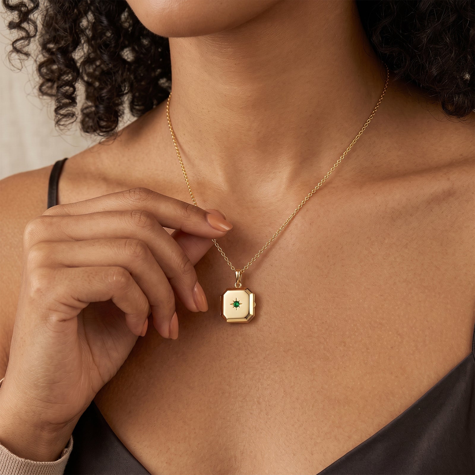 18k Gold Octagonal Personalized Photo Locket Necklace | Emerald Starburst Engraved Pendant