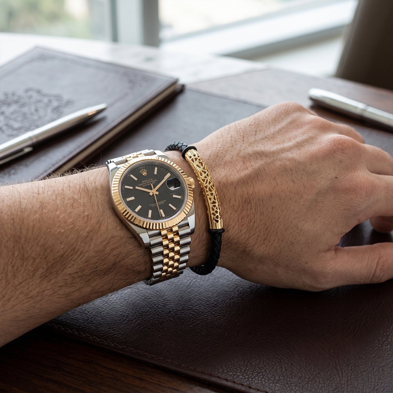 Men's 18K Gold & Black Braided Leather Bracelet | Luxury Gold Cuff