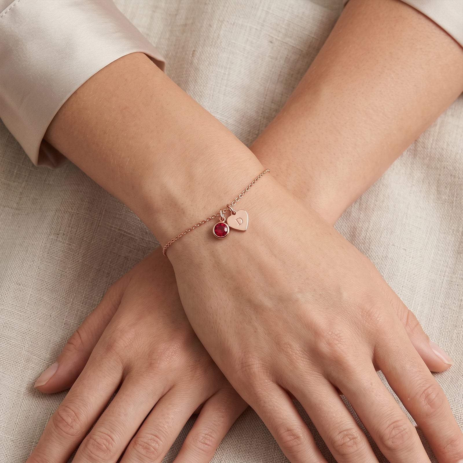 Personalized 18k Gold Heart Charm Bracelet with Round Cut Ruby | Custom Initial Dainty Chain Bracelet