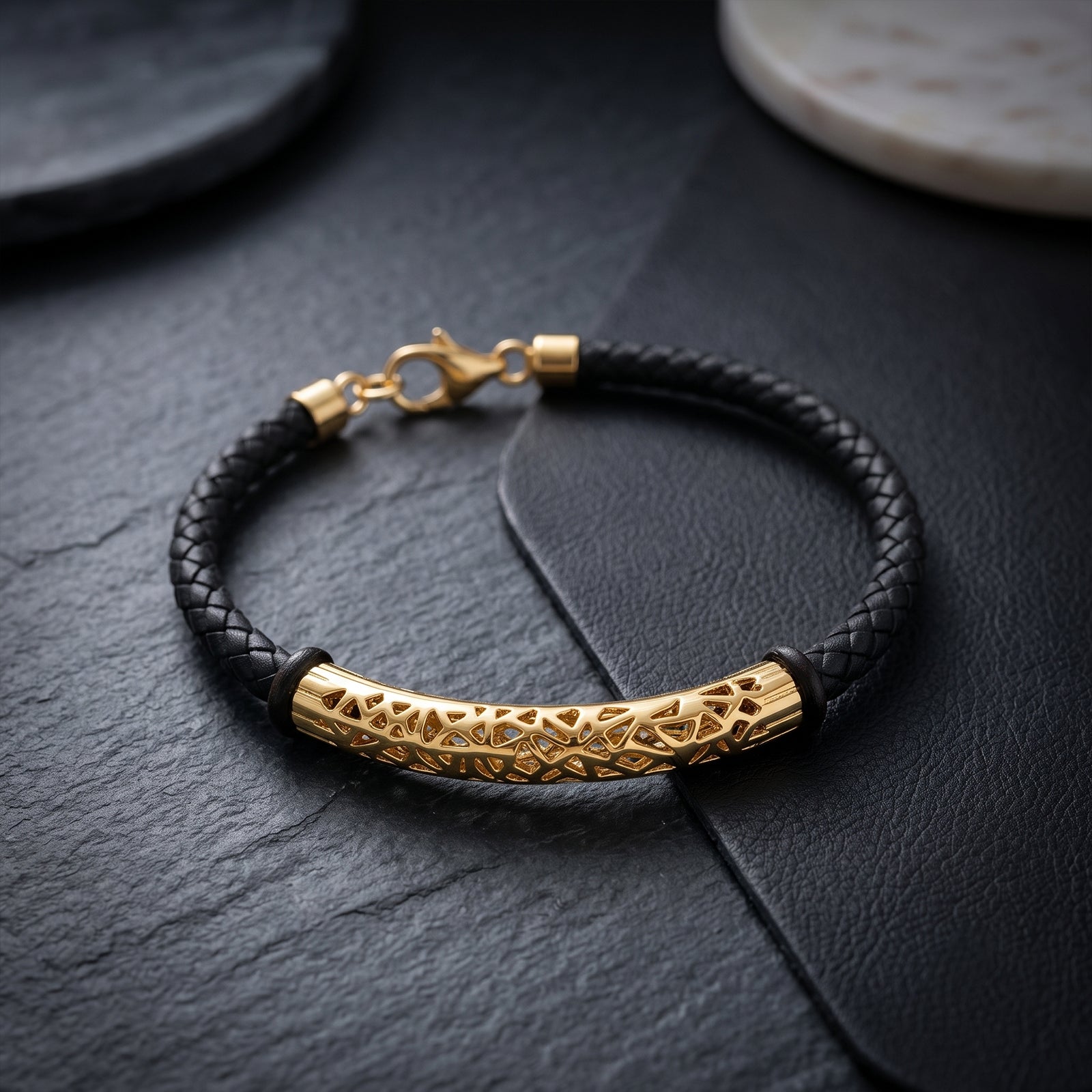 Men's 18K Gold & Black Braided Leather Bracelet | Luxury Gold Cuff