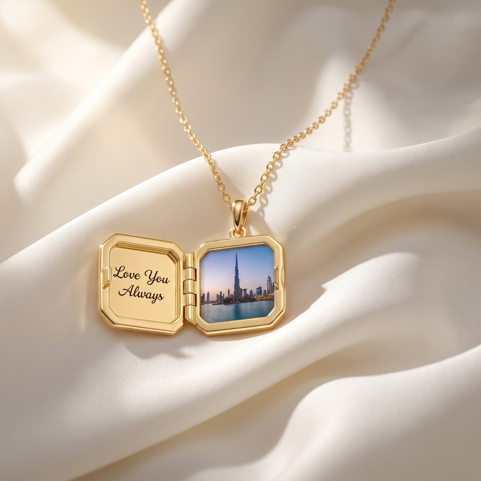 18k Gold Octagonal Personalized Photo Locket Necklace | Emerald Starburst Engraved Pendant