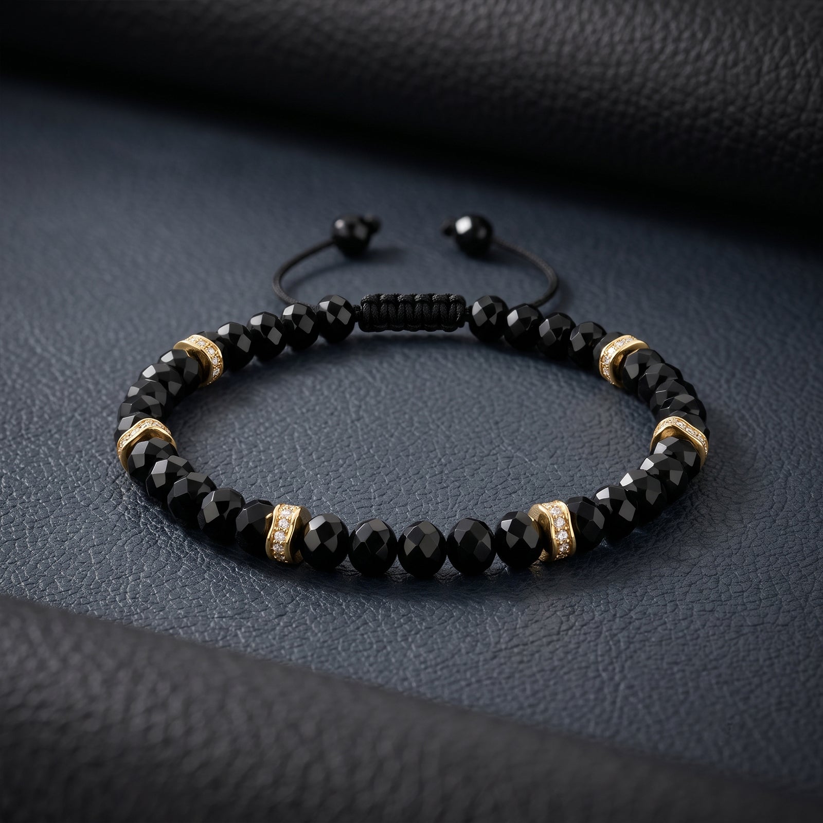18K Gold & Faceted Black Onyx Beaded Macrame Bracelet | Diamond Accent Men's Luxury Jewelry