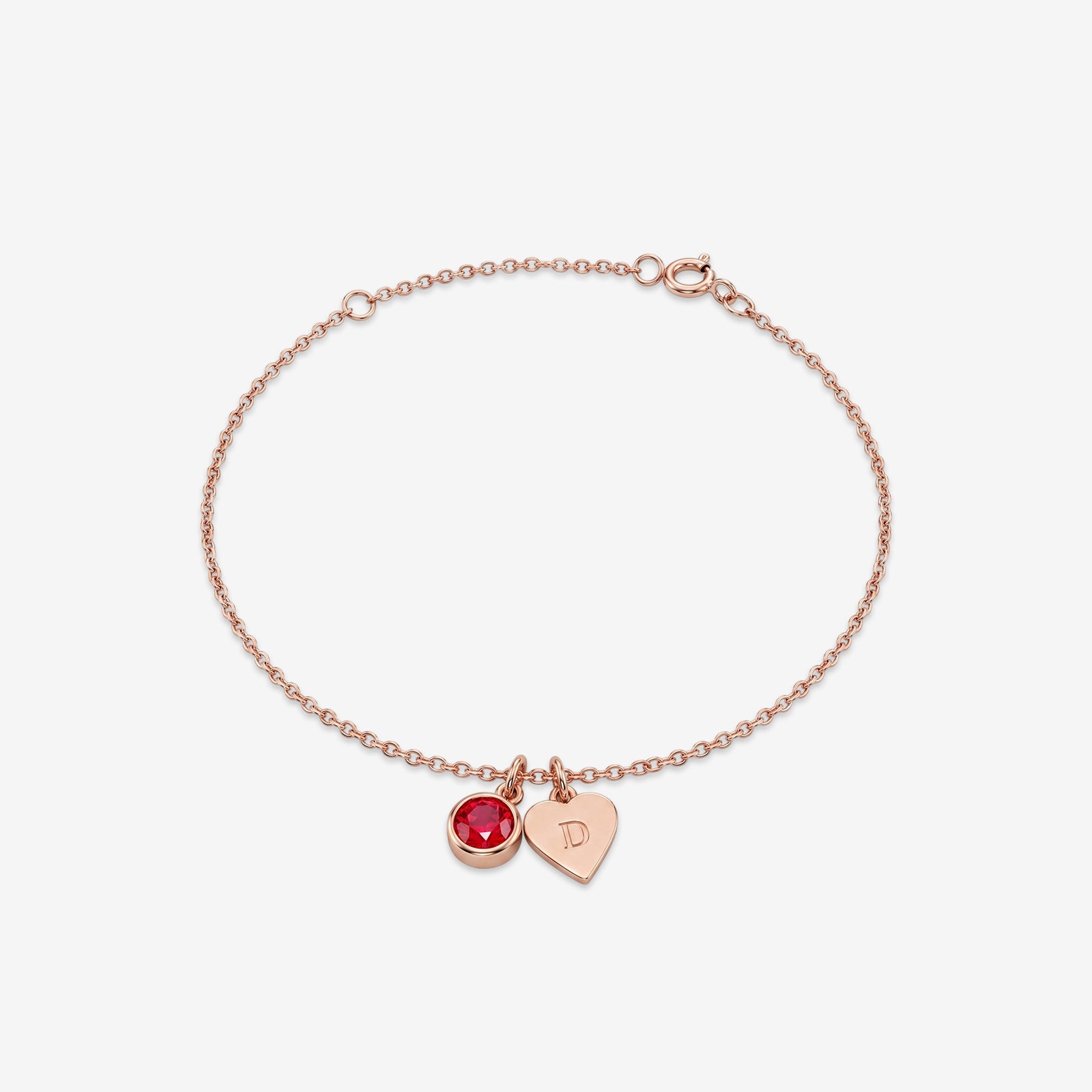 Personalized 18k Gold Heart Charm Bracelet with Round Cut Ruby | Custom Initial Dainty Chain Bracelet