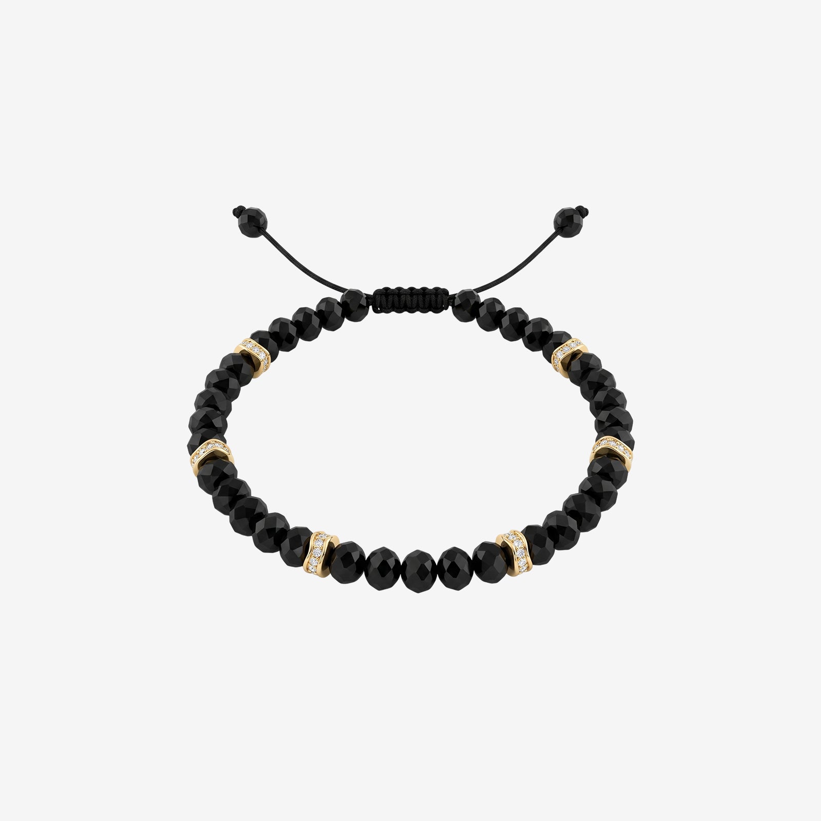 18K Gold & Faceted Black Onyx Beaded Macrame Bracelet | Diamond Accent Men's Luxury Jewelry
