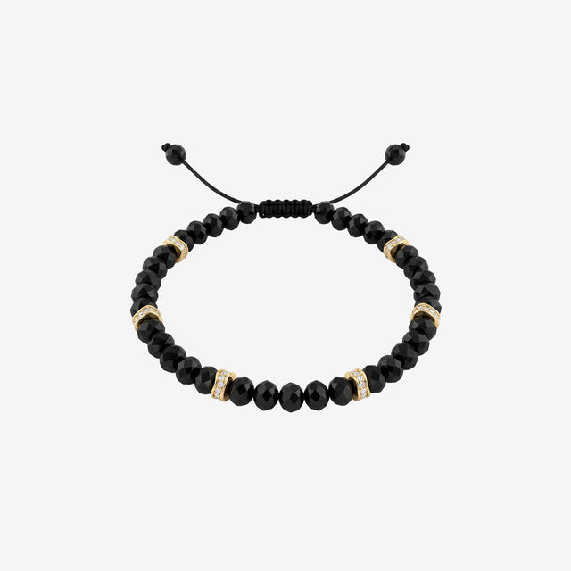 18K Gold & Faceted Black Onyx Beaded Macrame Bracelet | Diamond Accent Men's Luxury Jewelry