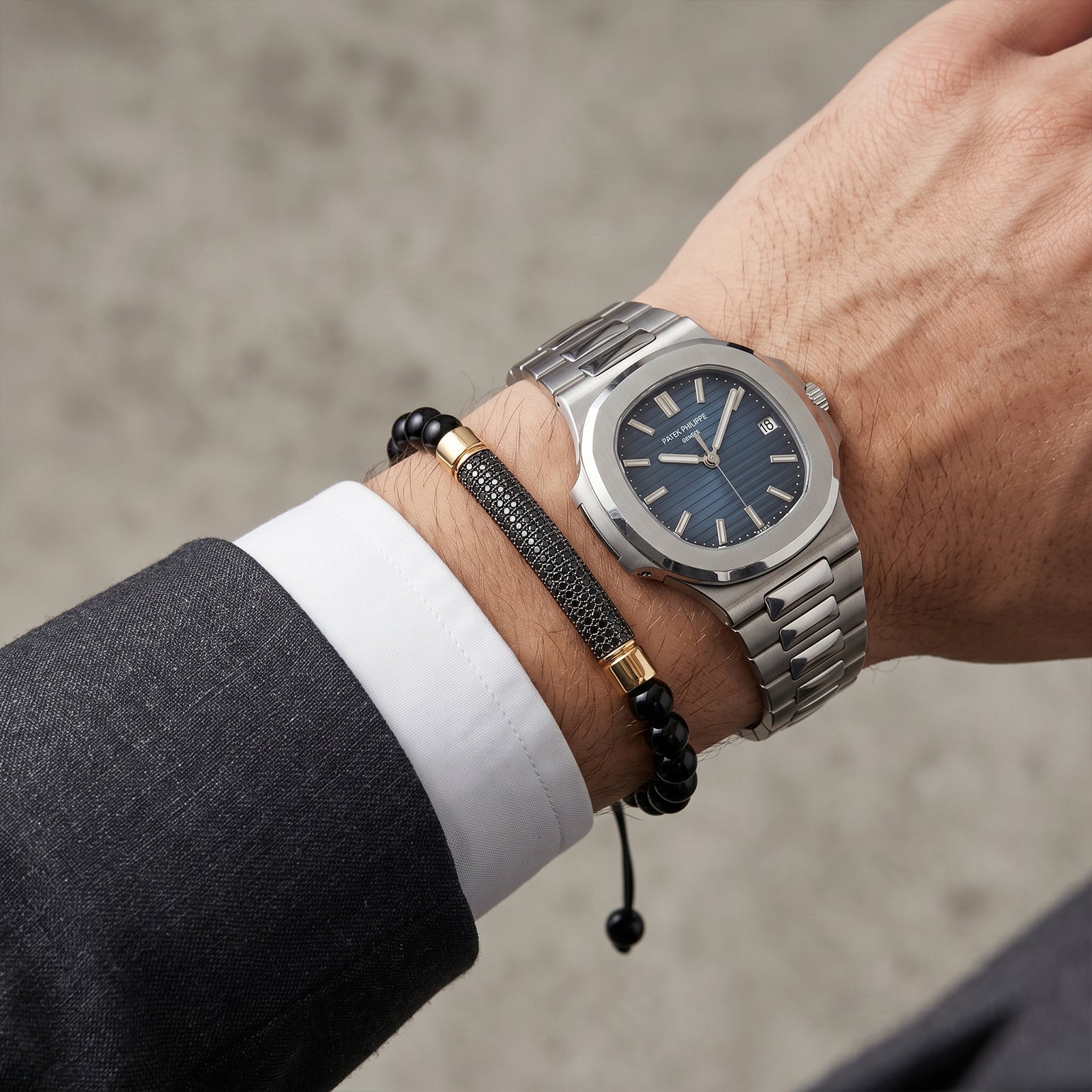 Men’s 18k Gold Bead Bracelet | Black Spinel Pavé Tube | Premium Wristwear