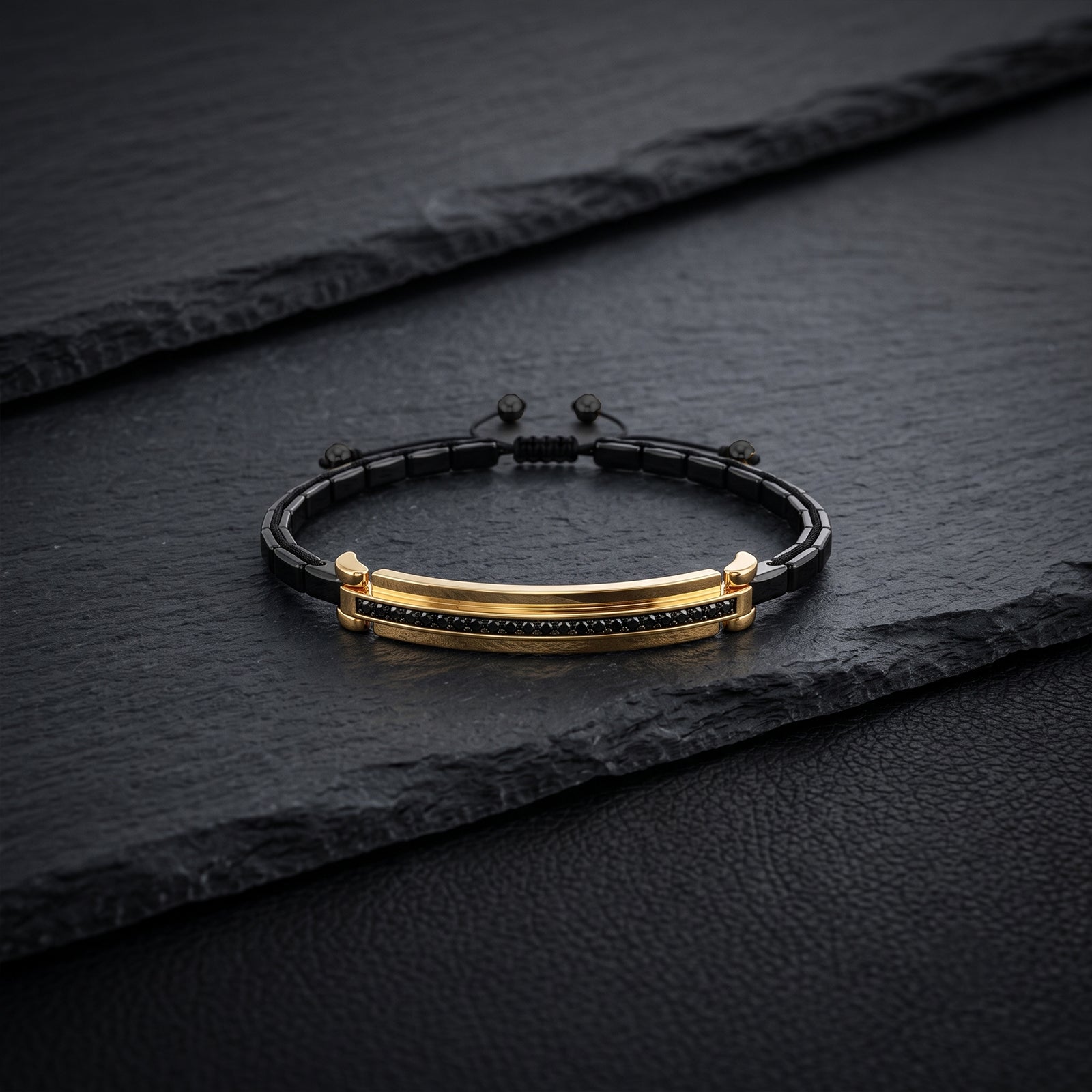 Men's 18K Gold & Black Ceramic Bar Bracelet with Black Spinel | Luxury Adjustable Cuffed Wristband