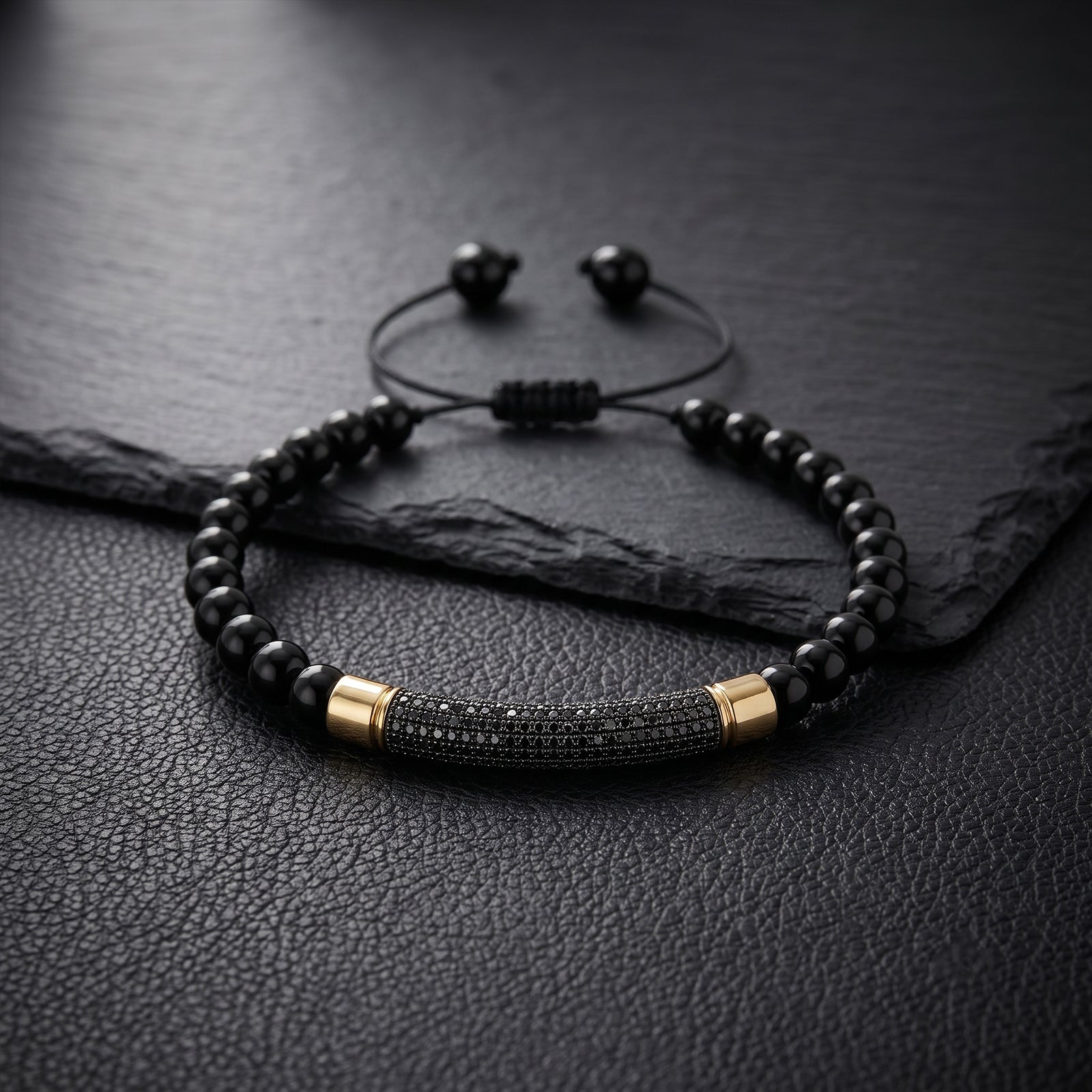 Men’s 18k Gold Bead Bracelet | Black Spinel Pavé Tube | Premium Wristwear