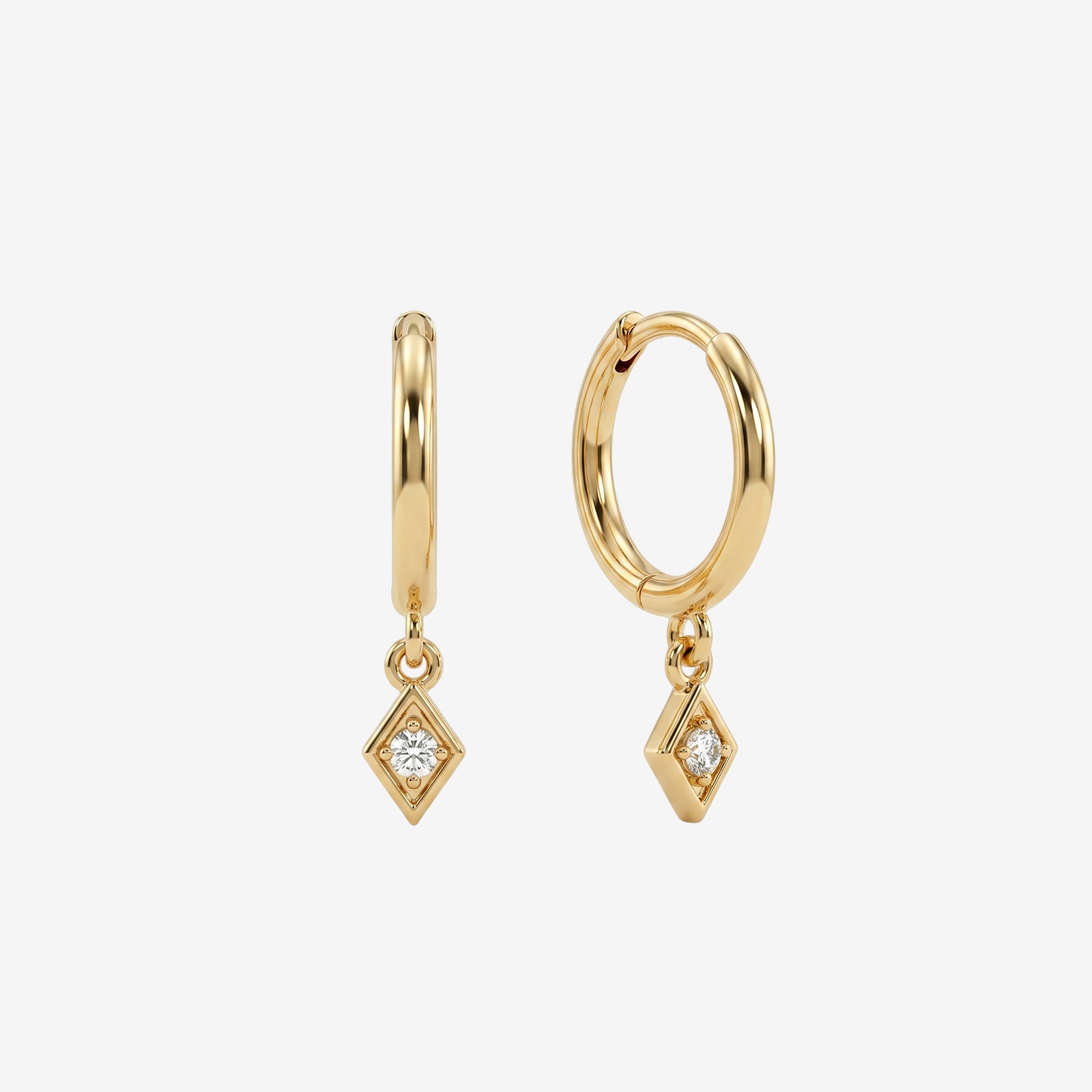18k Gold Rhombus Diamond Drop Huggie Earrings | Dainty Geometric Hoop Charm Earrings