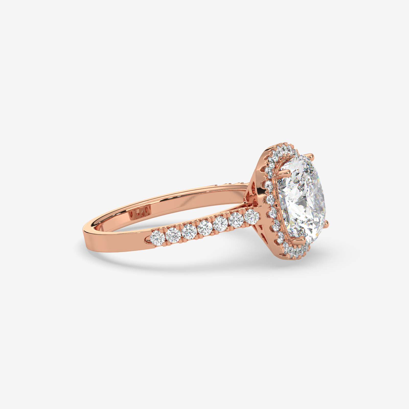 18k Gold Cushion Cut Halo Diamond Engagement Ring | Pave Set Band