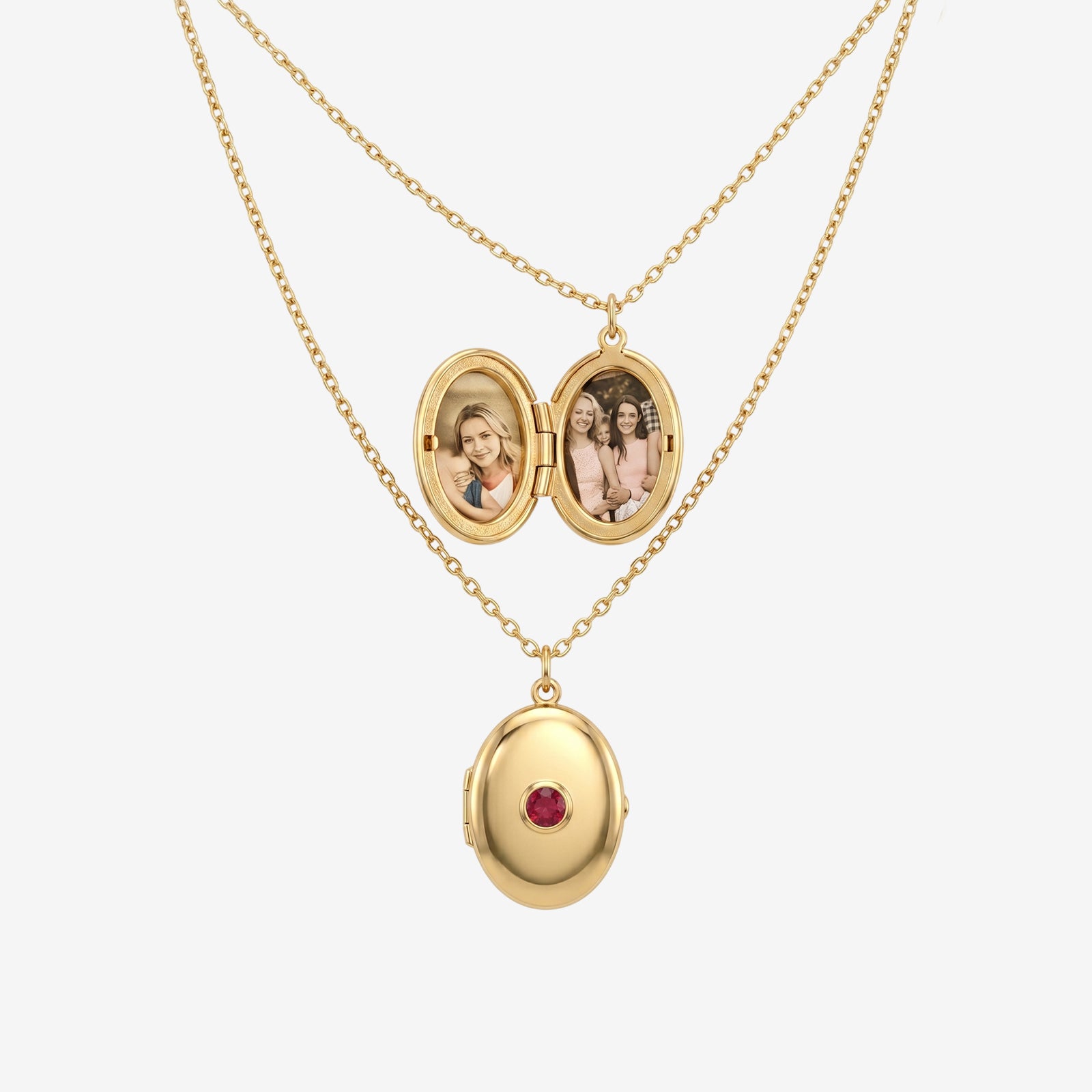 18k Solid Gold Oval Photo Locket Necklace with Bezel-Set Ruby | Classic Keepsake Jewelry