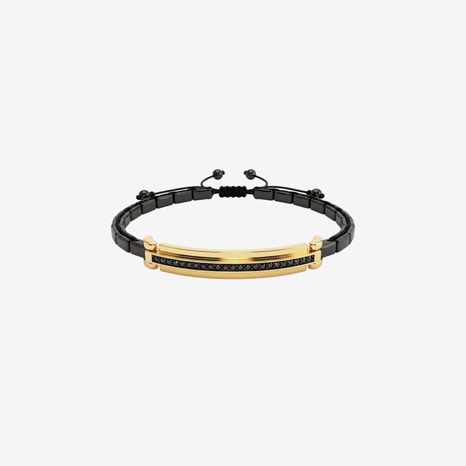 Men's 18K Gold & Black Ceramic Bar Bracelet with Black Spinel | Luxury Adjustable Cuffed Wristband