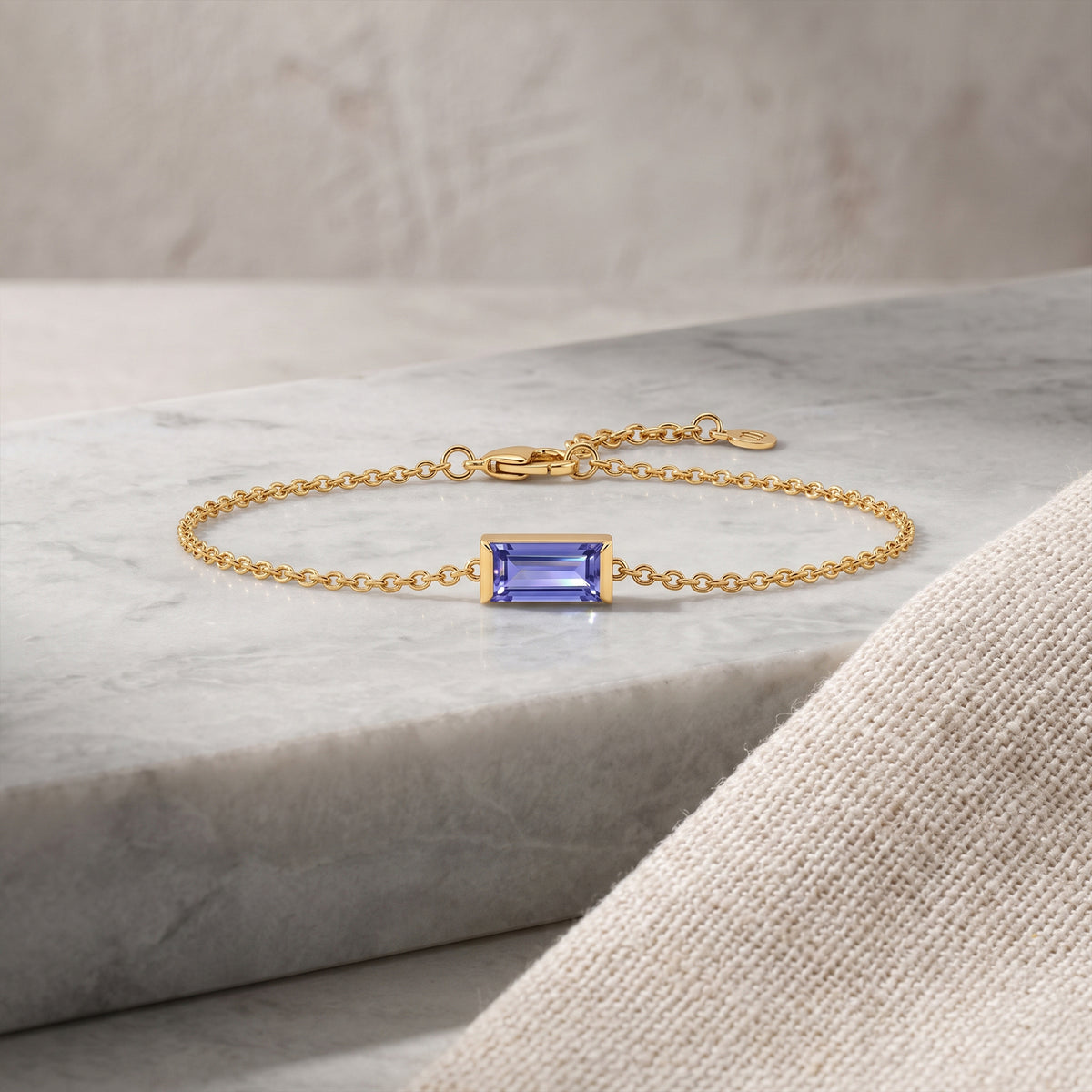 18k Gold Baguette Tanzanite Bezel Chain Bracelet | Minimalist Birthstone Fine Jewelry