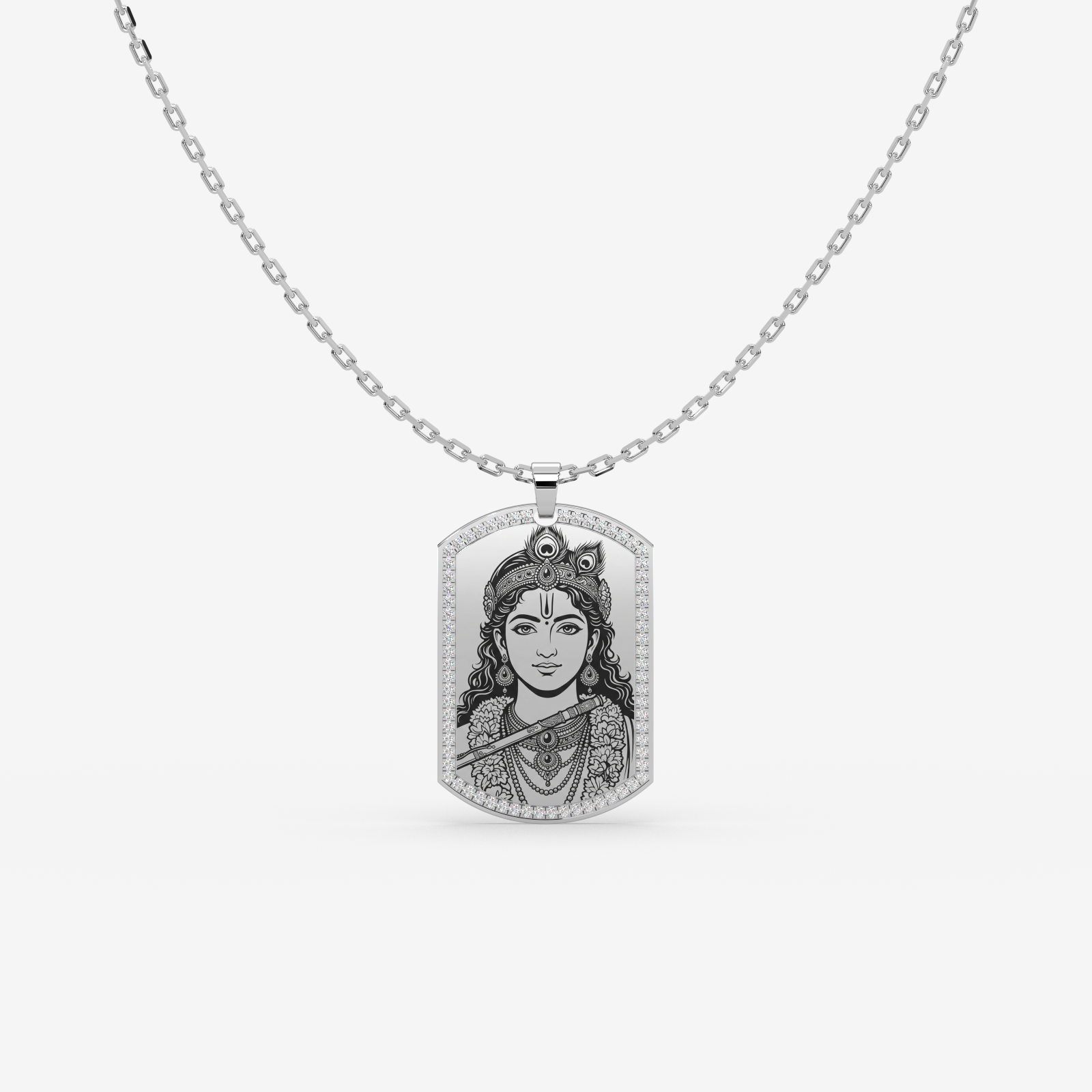 18K Gold Lord Krishna Pendant Necklace with Krishna Pranama Mantra | Diamond Frame Religious Jewelry