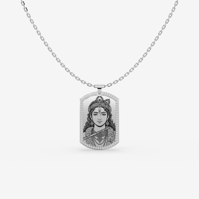 18K Gold Lord Krishna Pendant Necklace with Krishna Pranama Mantra | Diamond Frame Religious Jewelry
