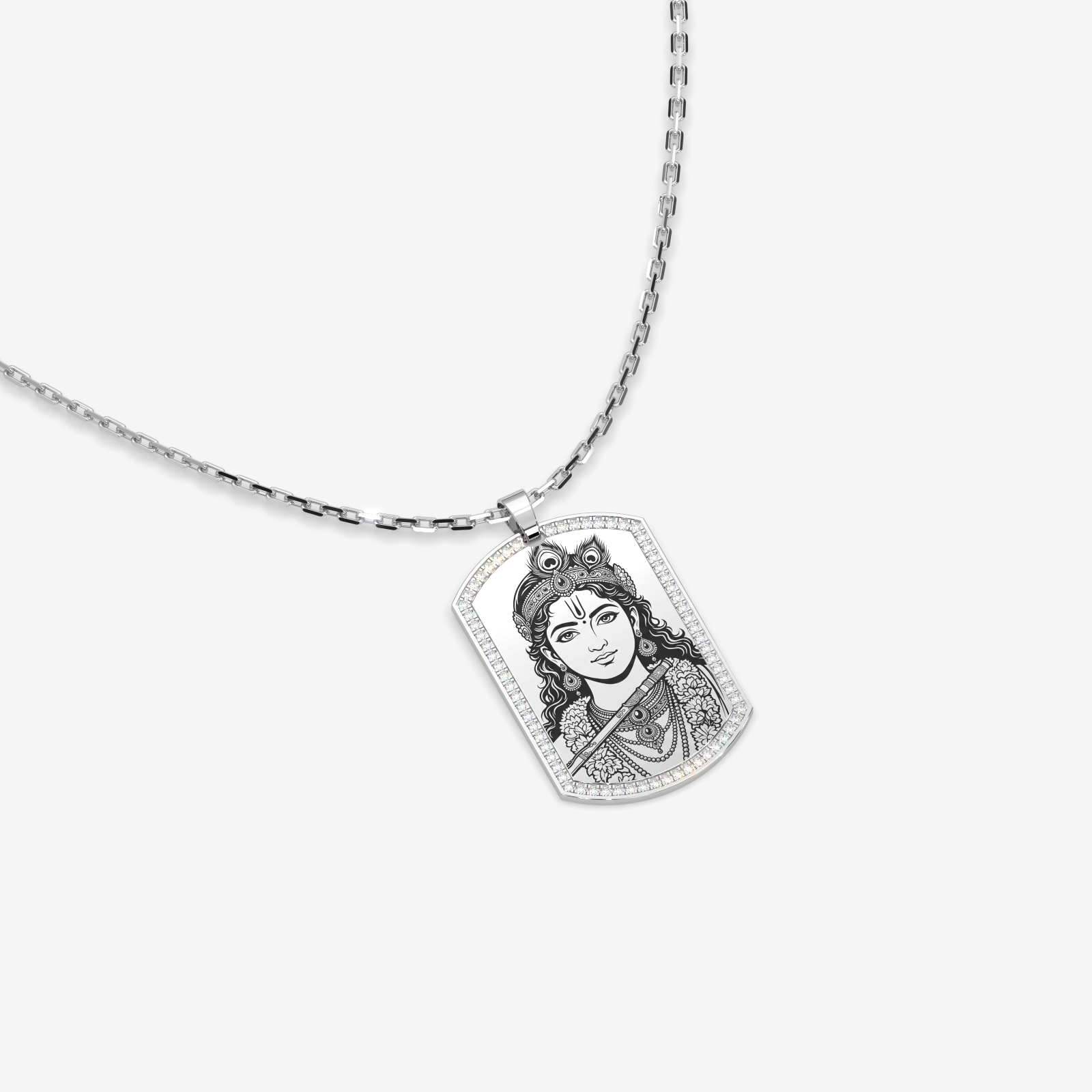 18K Gold Lord Krishna Pendant Necklace with Krishna Pranama Mantra | Diamond Frame Religious Jewelry