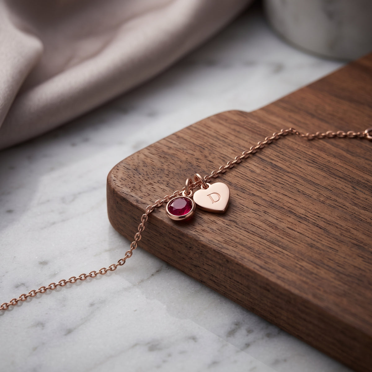 Personalized 18k Gold Heart Charm Bracelet with Round Cut Ruby | Custom Initial Dainty Chain Bracelet