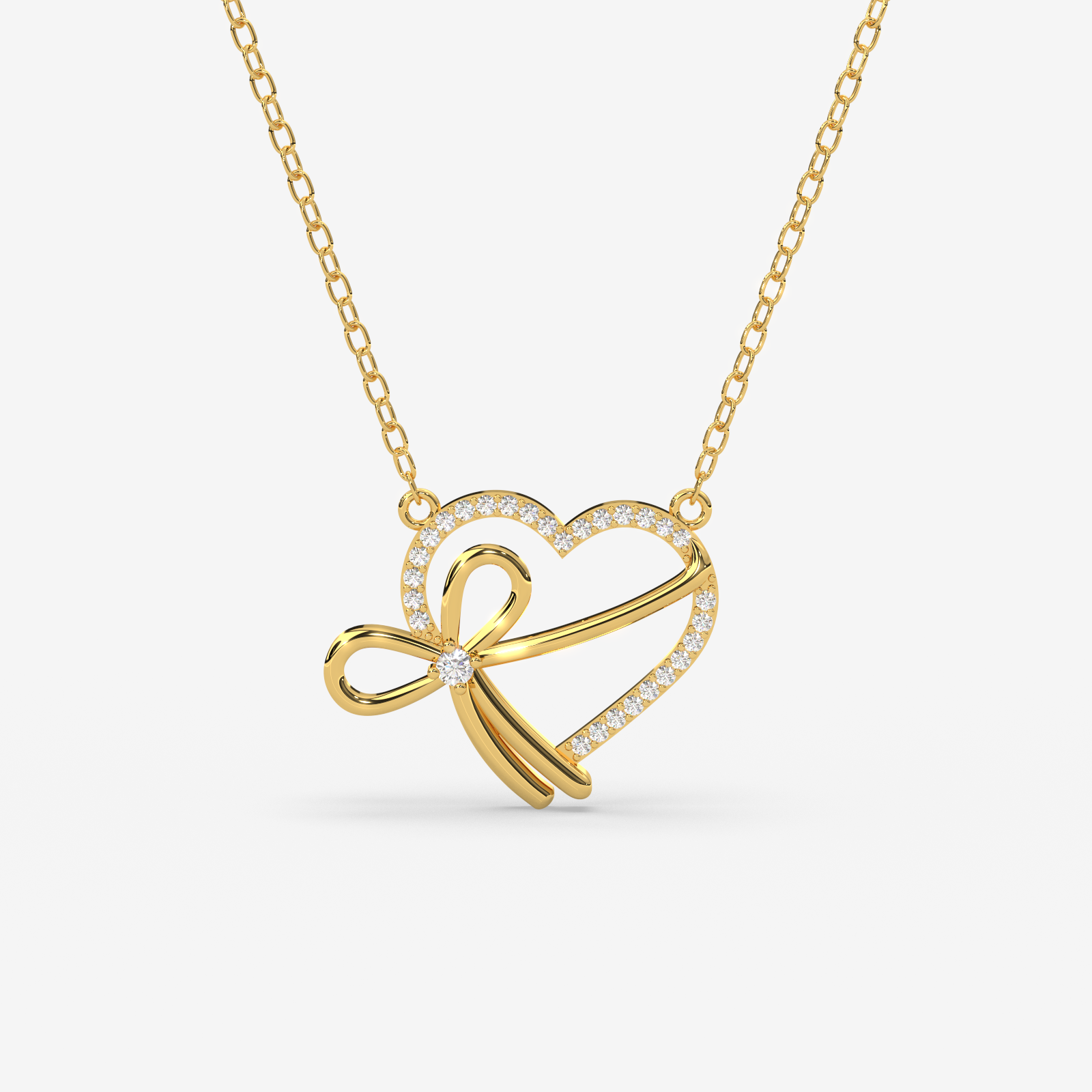18K Gold Diamond Heart & Bow Pendant Necklace - Elegant Love Gift for Her