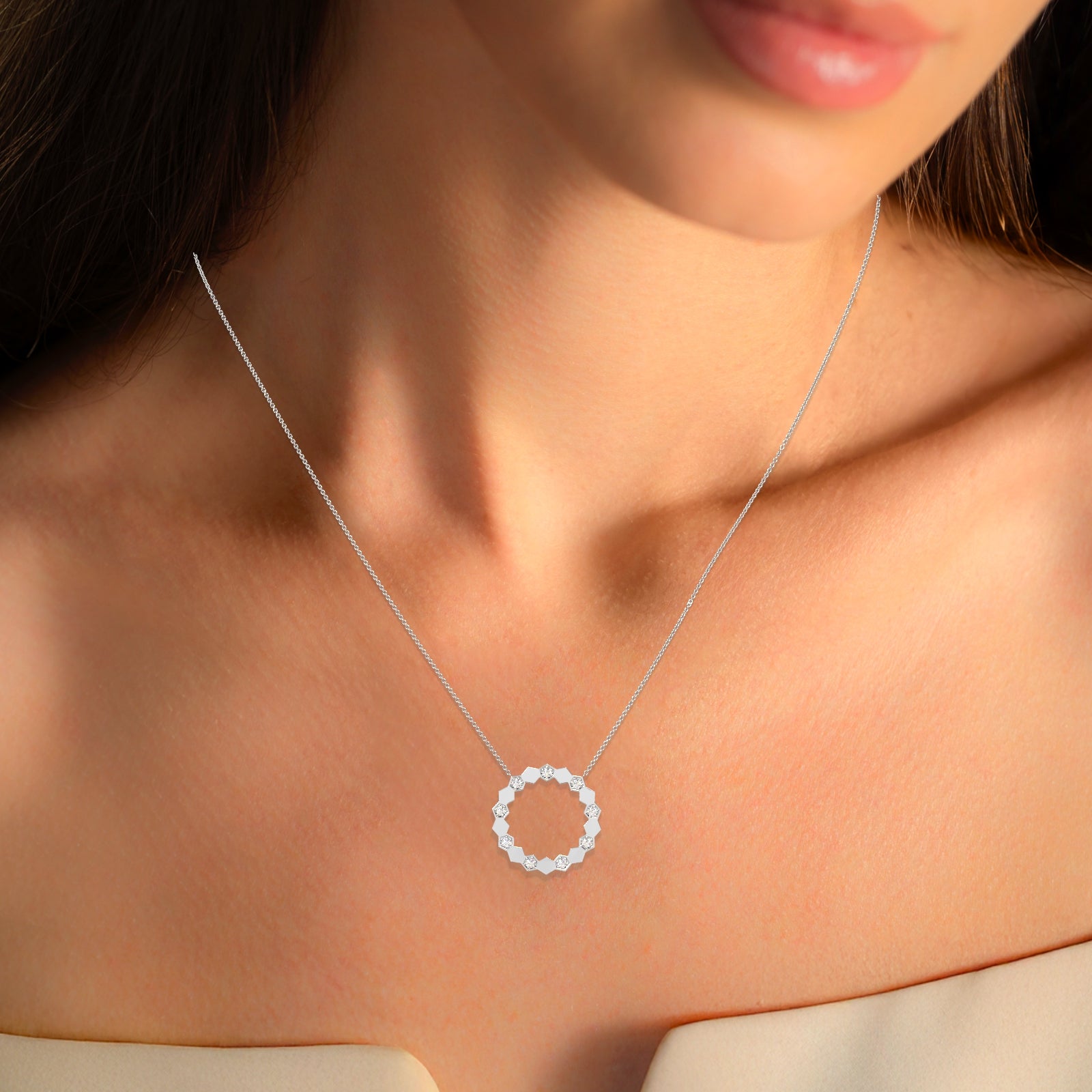 18K Gold Hexagon Circle Pendant Necklace | Diamond Geometric Jewelry