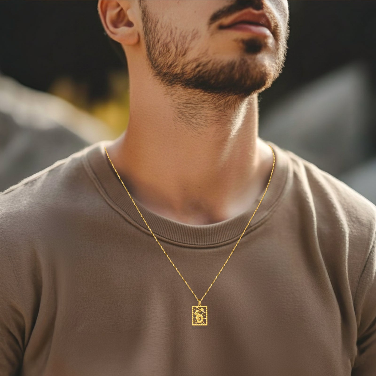 18K Gold Dragon Plaque Pendant Necklace | Chinese Style Auspicious Jewelry