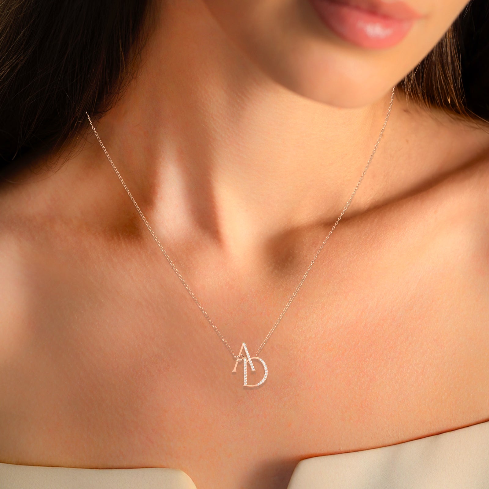 18K Gold Diamond A&D Initial Necklace - Personalized Alphabet Pendant