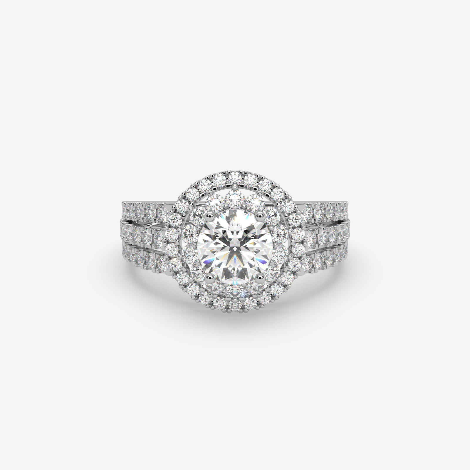 18K Gold Double Halo Diamond Engagement Ring | Round Cut Split Shank Bridal