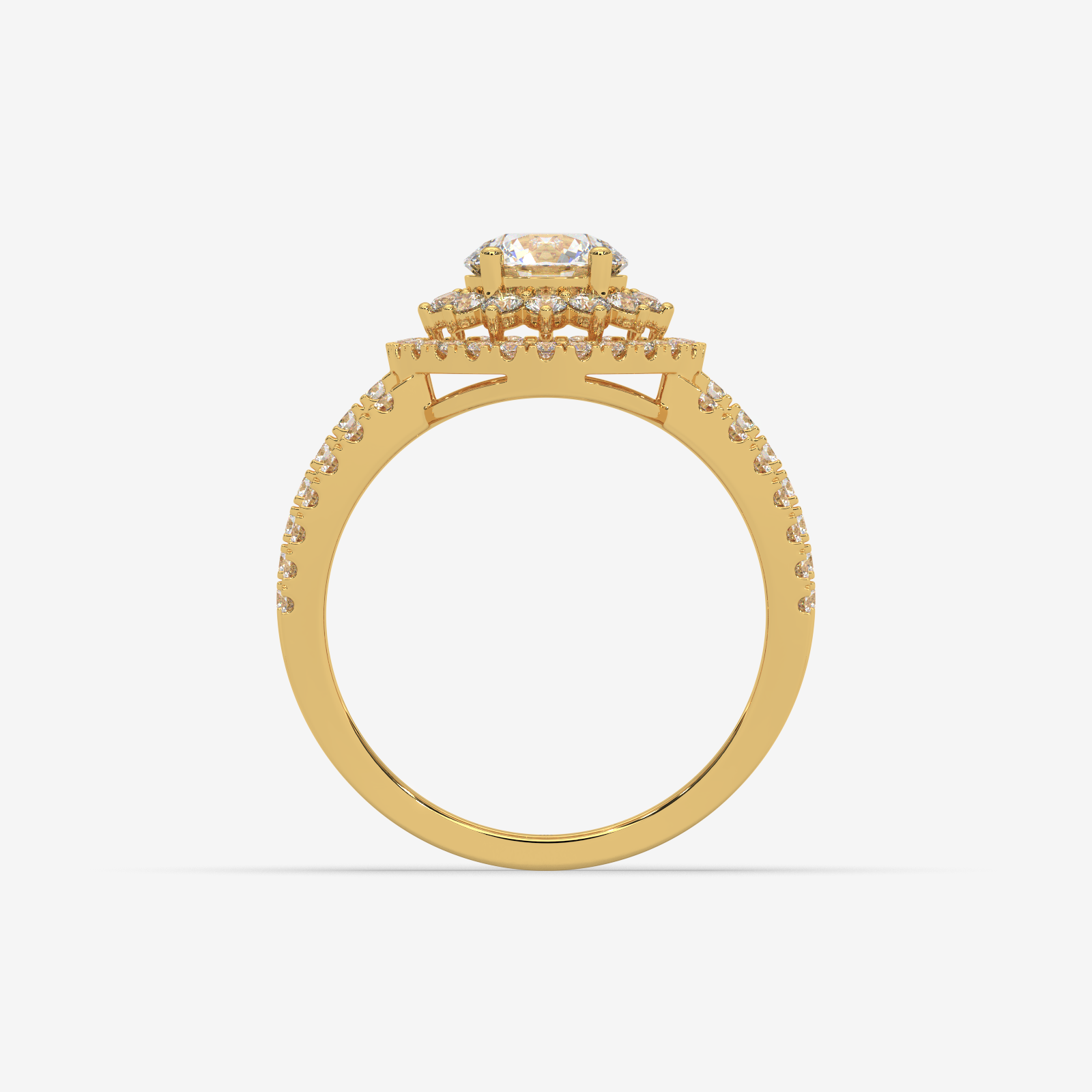 18K Gold Double Halo Diamond Engagement Ring | Round Cut Split Shank Bridal