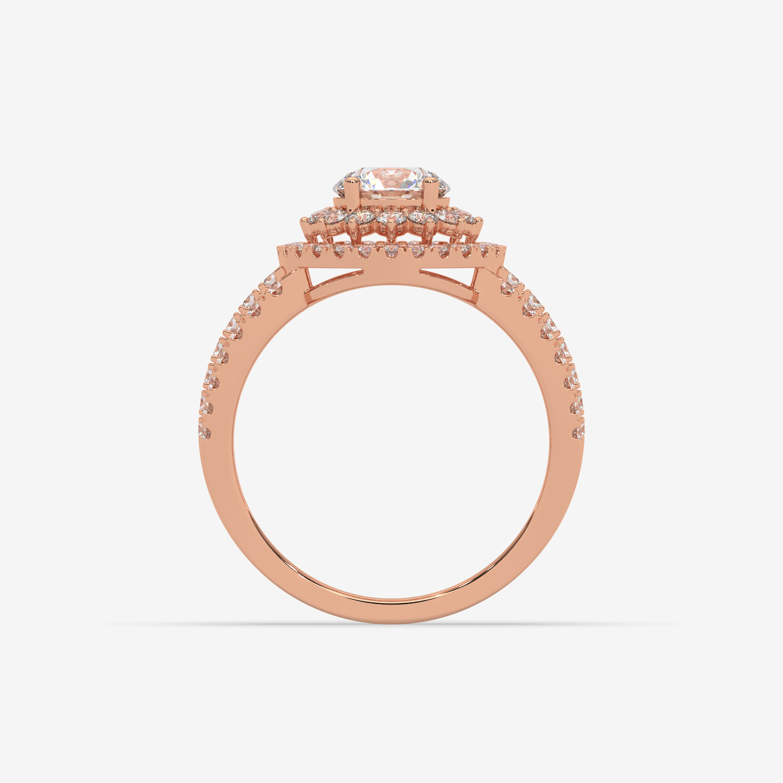 18K Gold Double Halo Diamond Engagement Ring | Round Cut Split Shank Bridal