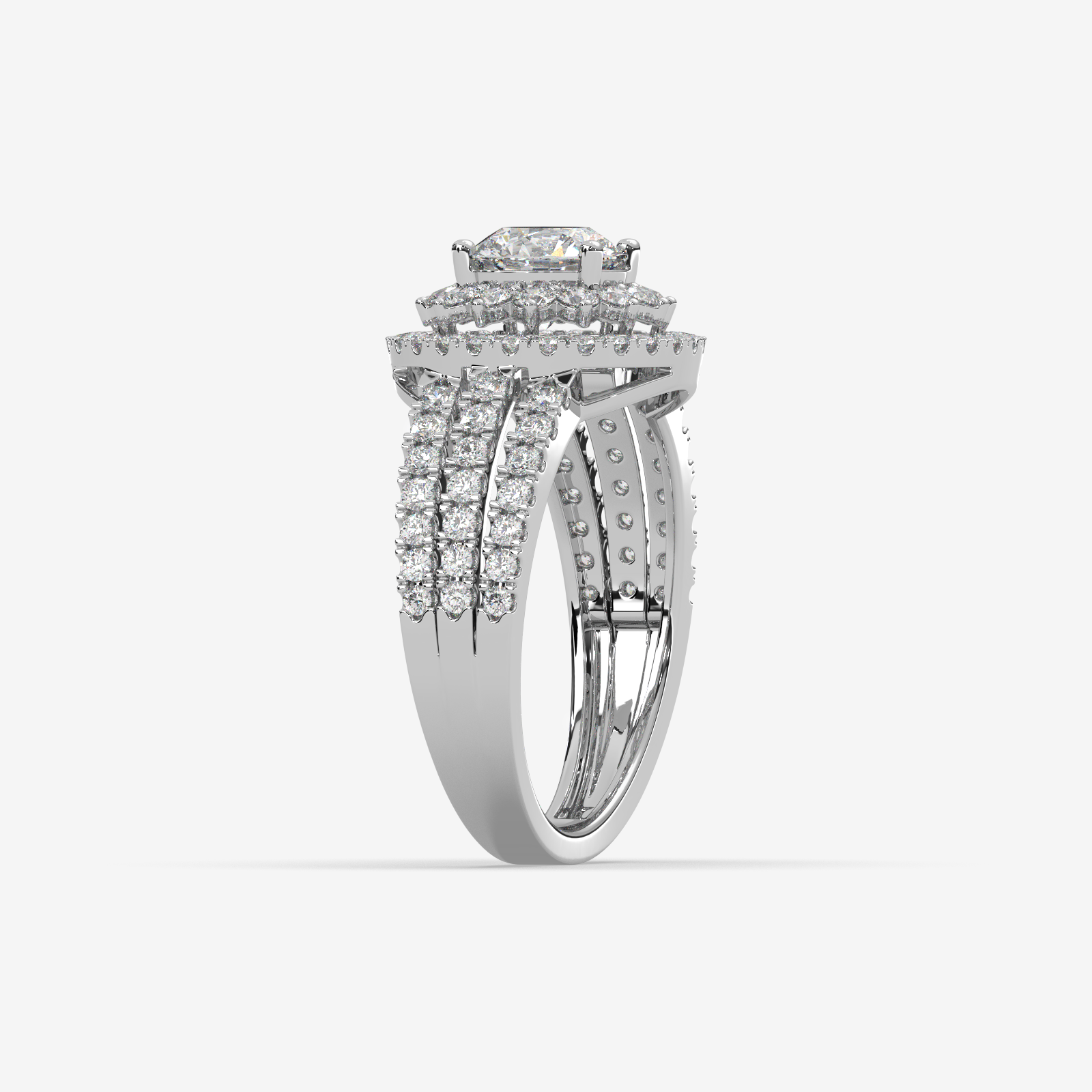 18K Gold Double Halo Diamond Engagement Ring | Round Cut Split Shank Bridal