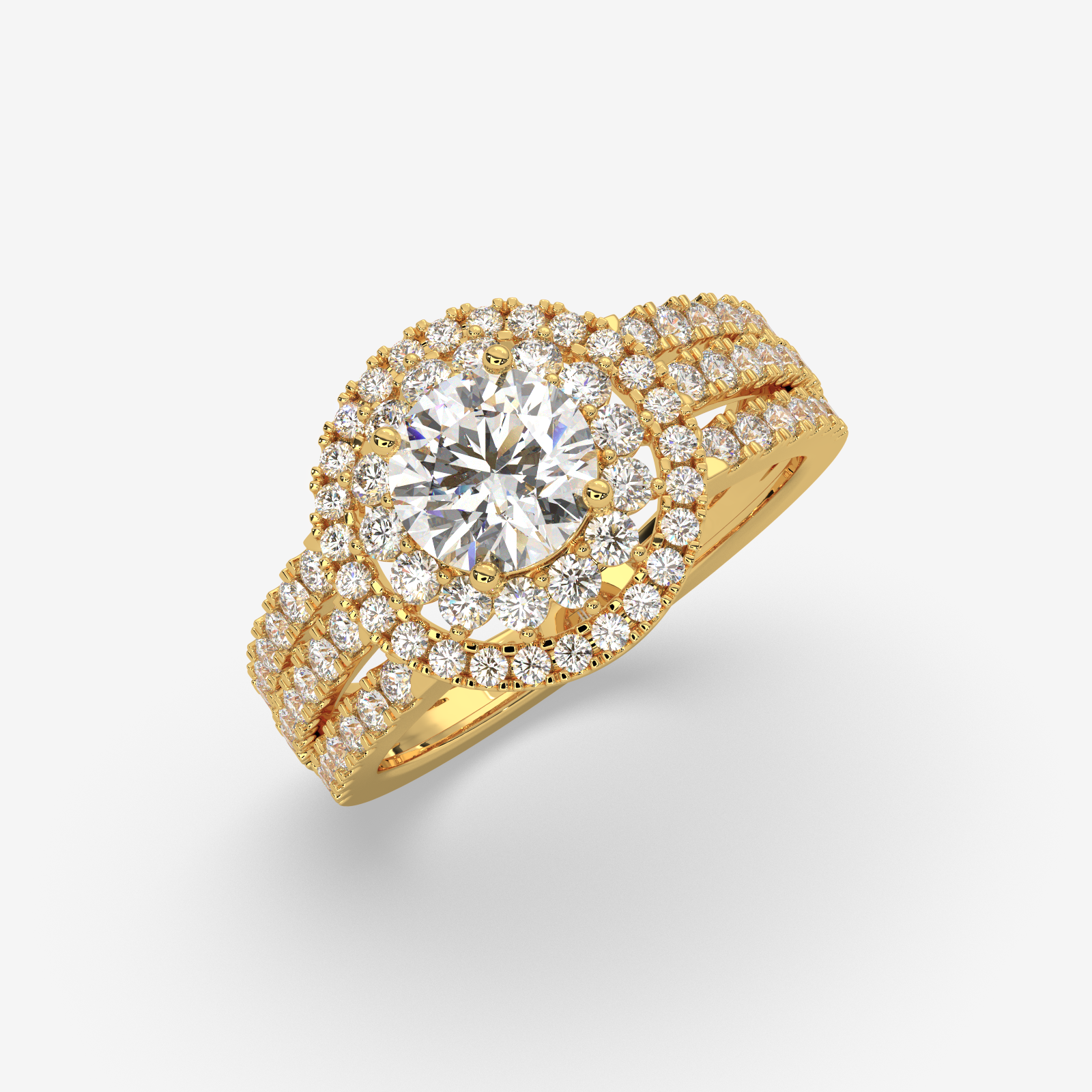 18K Gold Double Halo Diamond Engagement Ring | Round Cut Split Shank Bridal