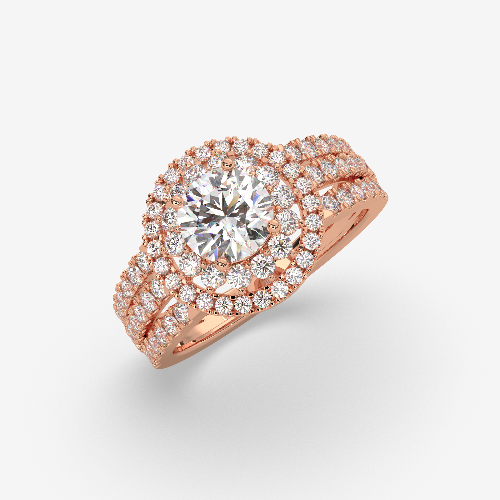 18K Gold Double Halo Diamond Engagement Ring | Round Cut Split Shank Bridal