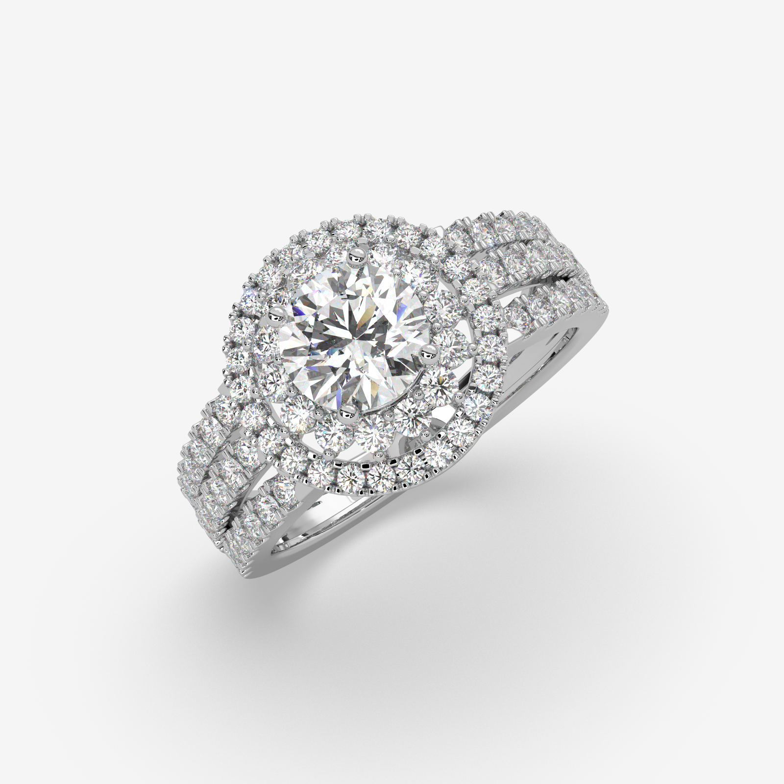 18K Gold Double Halo Diamond Engagement Ring | Round Cut Split Shank Bridal