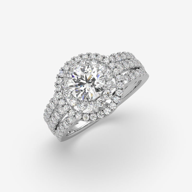 18K Gold Double Halo Diamond Engagement Ring | Round Cut Split Shank Bridal