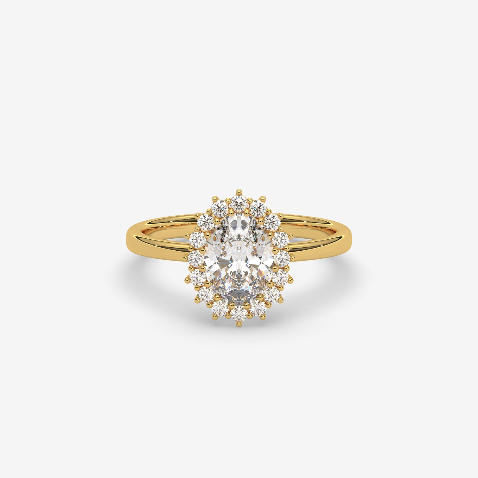 18K Gold Oval Halo Diamond Engagement Ring | Classic Floral Sunburst Design