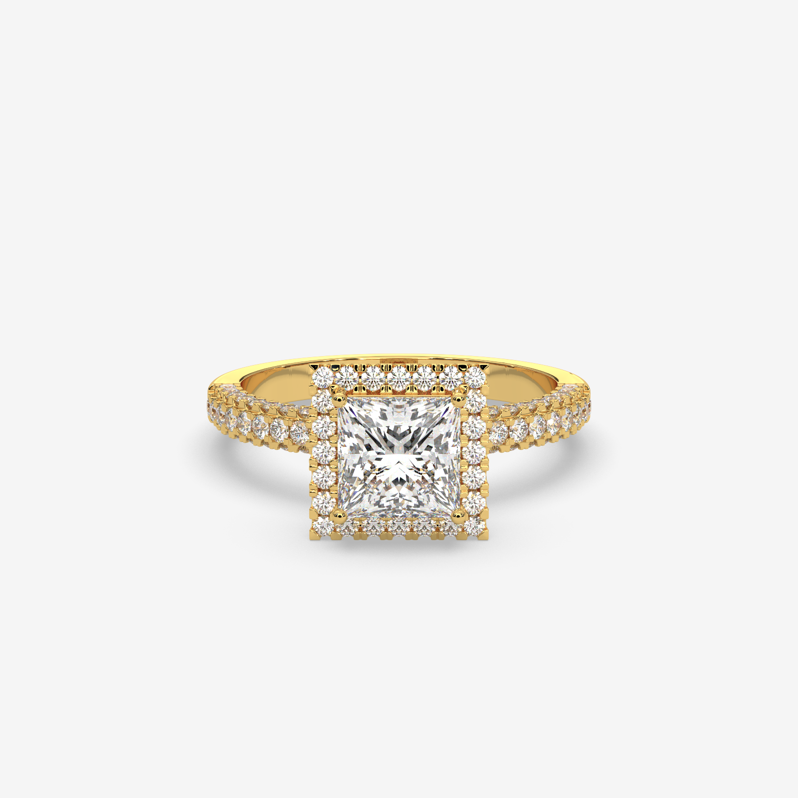 Solid Gold Princess Cut Halo Diamond Engagement Ring | Classic Pave Diamond Band