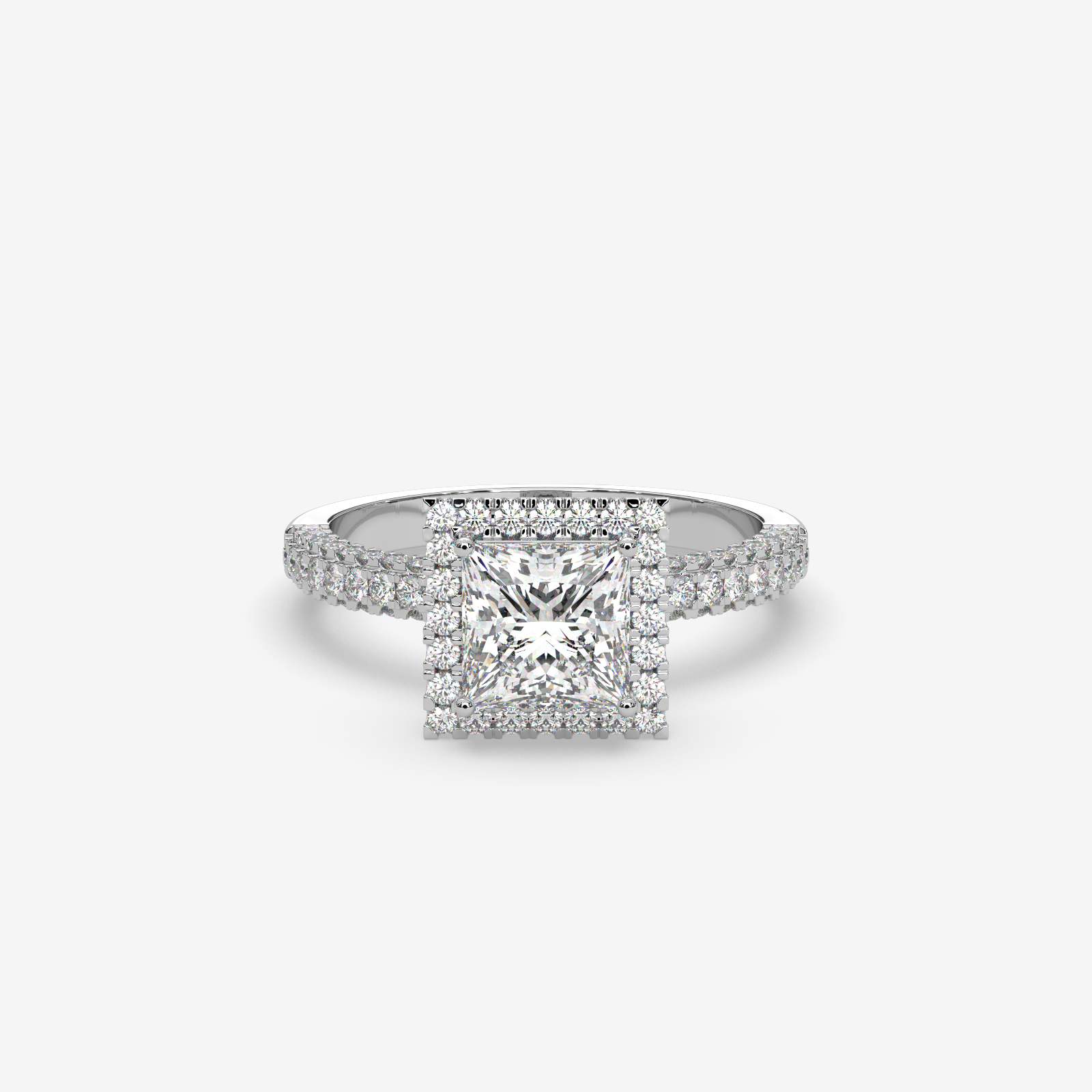 Solid Gold Princess Cut Halo Diamond Engagement Ring | Classic Pave Diamond Band