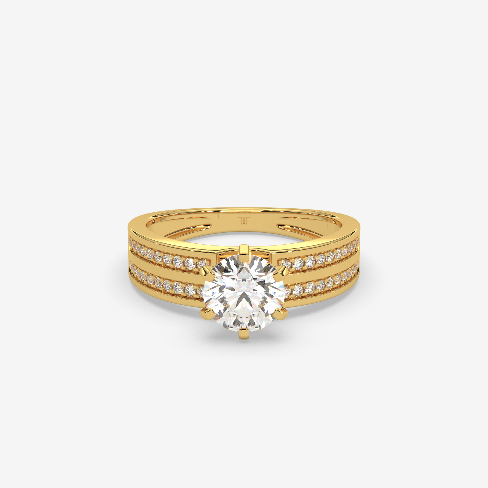 Solid Gold Round Cut Diamond Solitaire Engagement Ring | Triple Row Pave Band