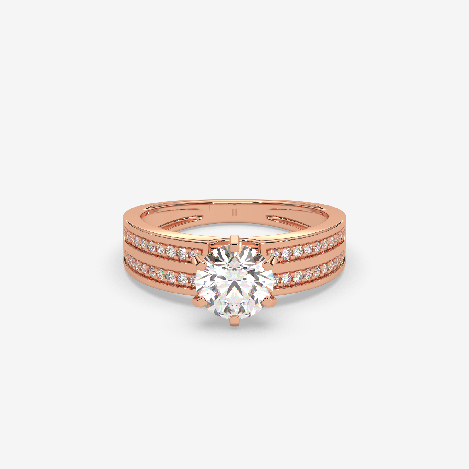 Solid Gold Round Cut Diamond Solitaire Engagement Ring | Triple Row Pave Band