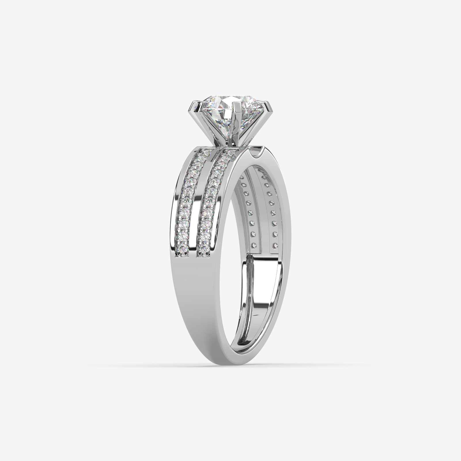 Solid Gold Round Cut Diamond Solitaire Engagement Ring | Triple Row Pave Band
