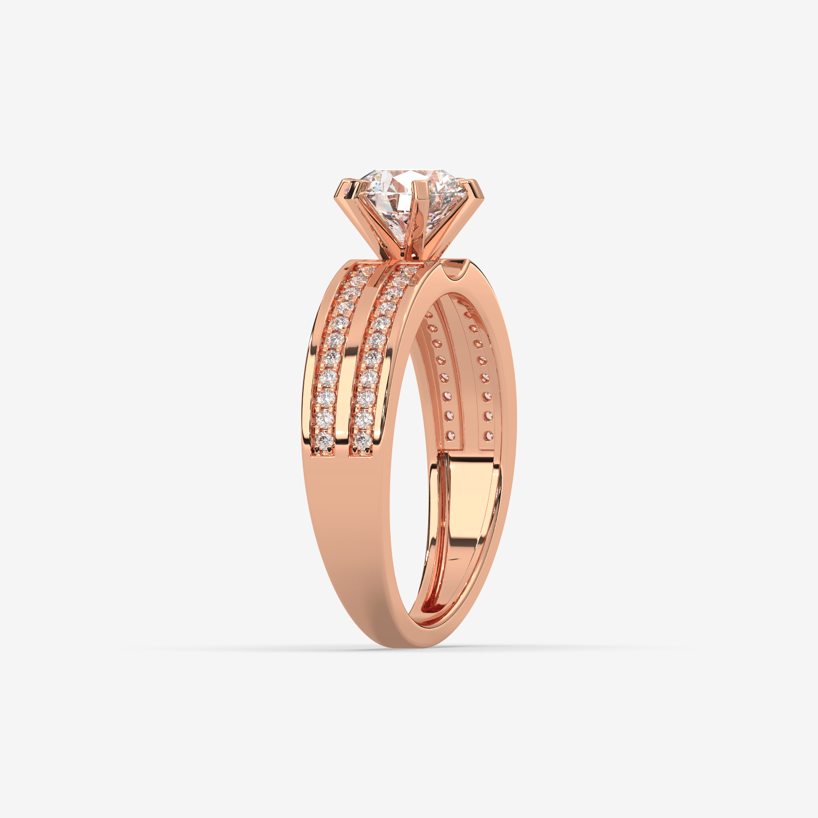 Solid Gold Round Cut Diamond Solitaire Engagement Ring | Triple Row Pave Band